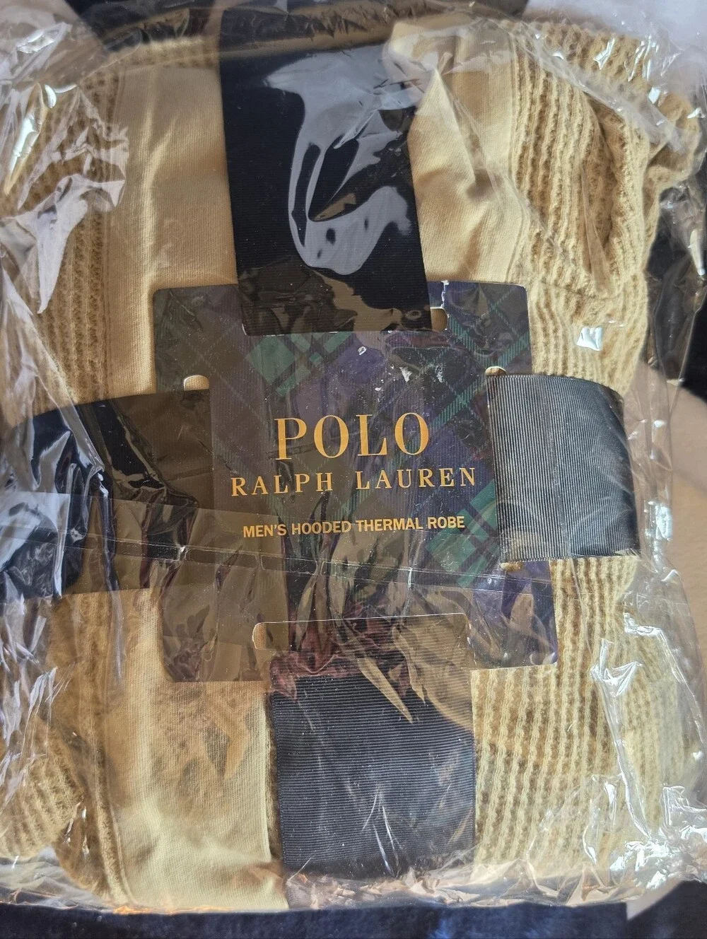 Polo by Ralph Lauren Men's Hooded Thermal Robe - Beige with Black Logo